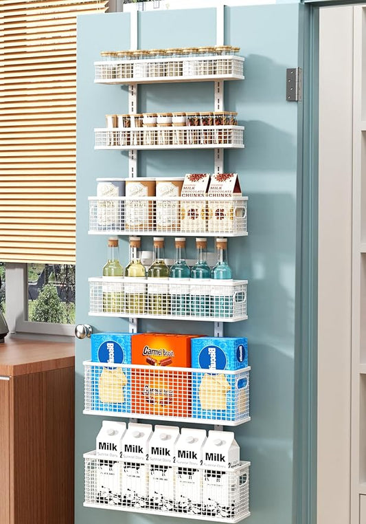 6-Tier Over The Door Pantry Organizer,Hanging Spice Rack,Over Door Adjustable Basket with Handle,Pantry Organization And Storage, Laundry Room,Bathroom,Large Capacity,D5.3xW15.7xH60.9in