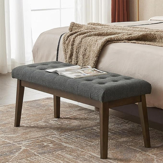 End of Bed Bedroom Bench, Linen Upholstered Tufted Bench for Bedroom End of Bed with Solid Wood Legs for Bedroom Living Room Entryway(Dark Gray)