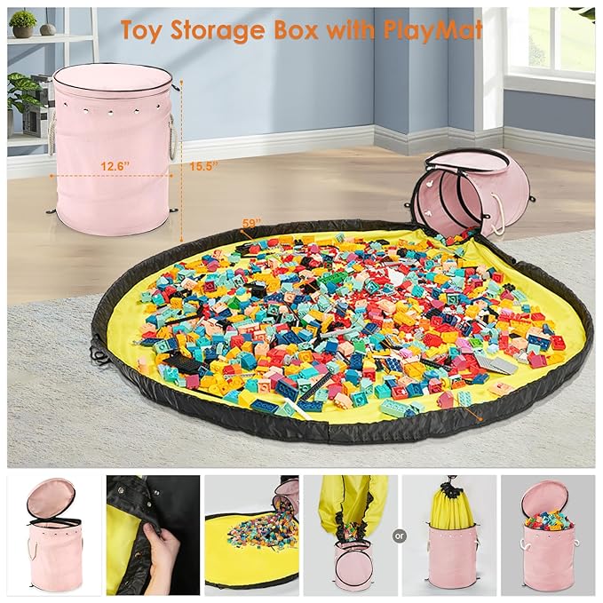 Toy Storage Basket with Slide and Large Play Mat for Boys and Girls Building Blocks Organizer, Foldable Fabric Storage Container Basket Bin Kids Toy Box with Rug for Boy Playroom Organization
