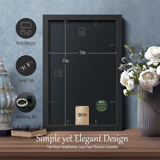 VCK 11x17 Poster Frame Set of 4, Black Solid Wood Picture Frames with Exclusive Woodgrain, Wall Gallery Frame