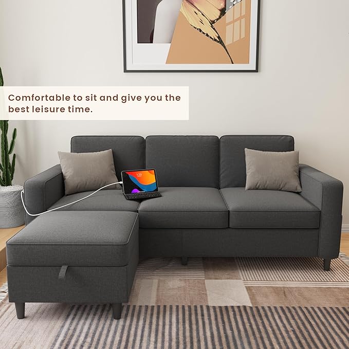 Sectional Couches for Living Room - Deep Seater Couch Living Room-Comfy L Shape Modular Sofa,with Storage Chaise-Washable Covers-Suitable for Living Rooms,Apartments,Rooms and Offices-Dark Gray,USB