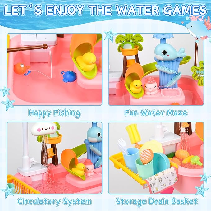 2026 Upgraded Water Table for Toddlers 1-3, Water Table with Pump,Toy Kitchen Sets for Kids Ages 4-8, with Detachable Legs, Play Sink with Electric Faucet, Includes Play Vegetables and Fishing Game