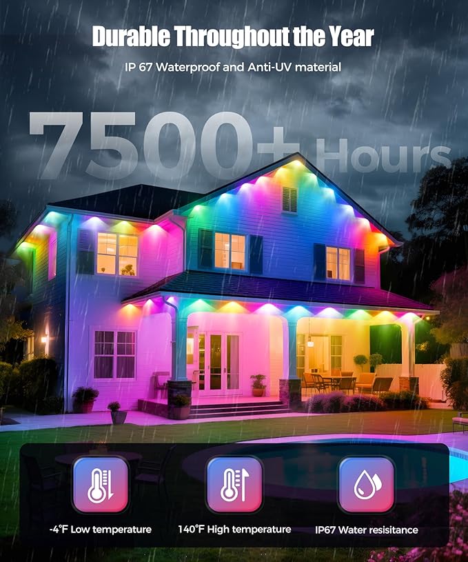 POOFZY Permanent Outdoor Lights for House,200ft RGB+IC Smart Outdoor Decor, 50 Scene Modes,App/Remote Control,IP67 Waterproof,for Christmas,Halloween,Daily & Holiday Party Decor,House Roof Lighting