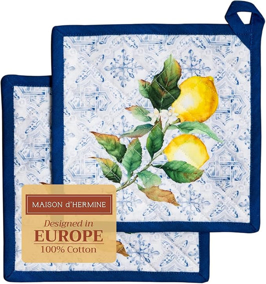 Maison d' Hermine Pot Holders Set 100% Cotton Heat Resistant Potholders 8" x 8" Hot Pads with Loop BBQ, Cooking, Baking, Grilling, Kitchen, Handling Hot Pans Spring/Summer (Pack of 2, Citrus)
