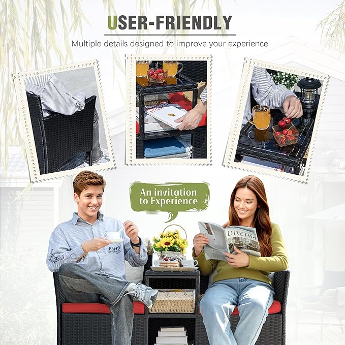 Greesum Patio Loveseat Outdoor Wicker Furniture Conversation Set with Soft Cushions & Built-in Coffee Table for Lawn Garden Backyard, Red