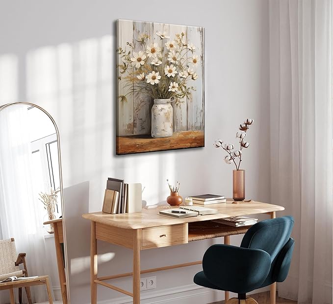 Rustic Farmhouse Daisy Floral Canvas Wall Art Vintage Neutral Country Flower Still Life Botanical Painting Picture Wall Decor Poster Print for Bathroom Living Room Bedroom Home Decoration