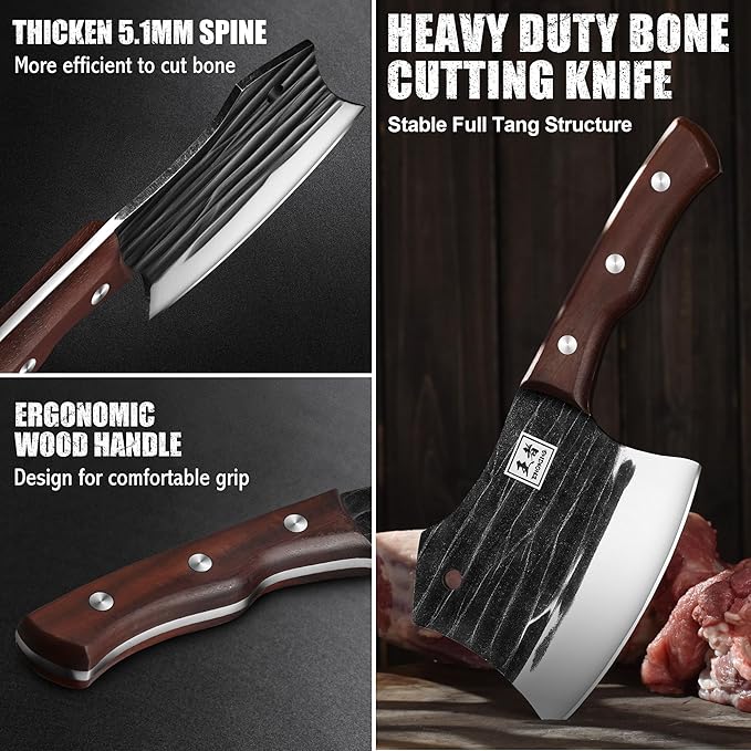 ENOKING Meat Cleaver, 5.7 Inch Bone Chopper Axe with Wood Handle, Heavy Duty Full Tang Chopping Knife for Kitchen, Camping, BBQ, Outdoor