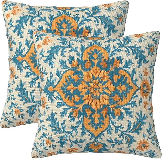 Blue Orange Boho Pillow Covers 16x16 Inch Set of 2 Ethnic Carpet Pattern Floral Outdoor Decorative Throw Pillows Fall Vintage Cushion Covers for Sofa Bed Couch Living Room Decor