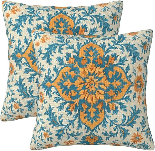 Blue Orange Boho Pillow Covers 20x20 Inch Set of 2 Ethnic Carpet Pattern Floral Outdoor Decorative Throw Pillows Fall Vintage Cushion Covers for Sofa Bed Couch Living Room Decor