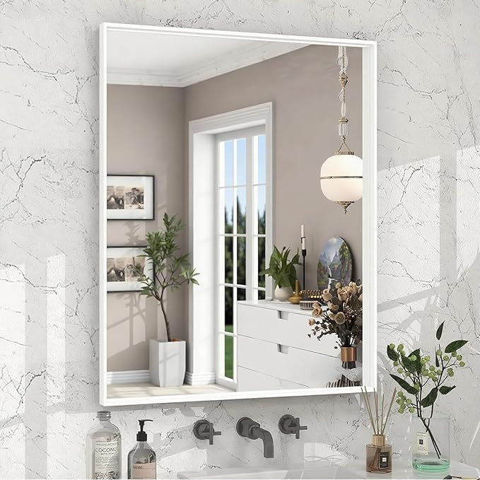 24x36 Inch White Bathroom Mirrors for Over Sink, Rectangle Wall Vanity Mirror, Aluminum Framed Bathroom Mirror, Anti-Rust, Tempered Glass (Horizontal/Vertical)