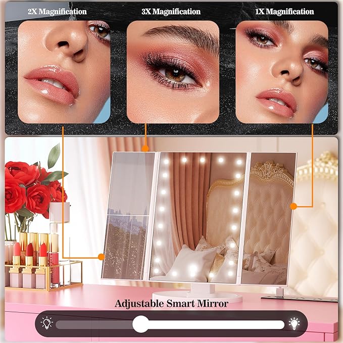 Cyclysio Vanity Desk with Mirror and Lights, 36'' Makeup Vanity Desk with Power Outlet, Small Vanities Set Dressing Table with Drawers for Bedroom, Pink