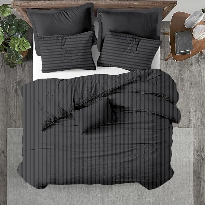 Kotton Culture 3 Pc Twin Size Duvet Cover Set- 100% Egyptian Cotton Sateen 600 TC Ultra Soft Premium Durable Comforter Cover Zipper Closure & Corner Ties (Striped Dark Grey, Twin/Twin XL 68" X 90")
