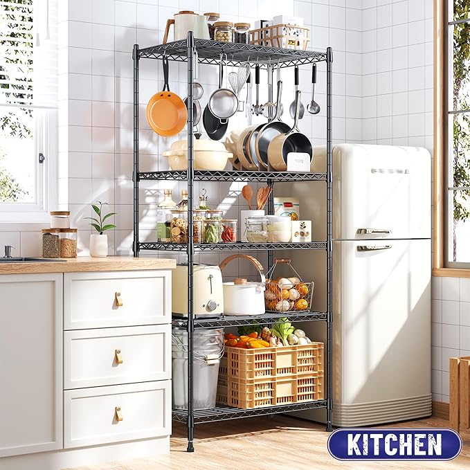 Storage Shelves Adjustable Metal Shelving Unit 5 Tier Wire Shelving,1010LBS Pantry Shelves Sturdy Steel Wire Shelf for Laundry Bathroom Kitchen Pantry, 13.6" D x 21.5" W x 59.4" H, 2PCS