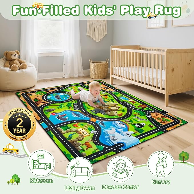 Kids Rug, 4x6 Ft Animal Car Rugs for Kids Toy Cars, Extra Thick (0.4in) - Non-Slip Zoo Road Mat Carpet for Playroom & Bedroom, Educational Learning & Game Area