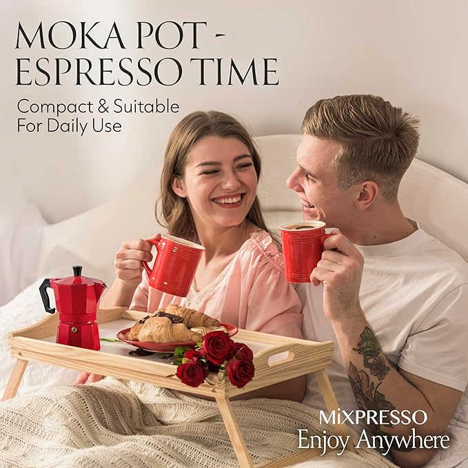 Mixpresso Red 3 Cup Moka Pot Cuban Coffee Maker, Moka Pot for Gas, Electric Stove Top, Classic Italian Coffee Maker, Stovetop Espresso Maker, Camping Pot Makes 3 Espresso Cup 5 Oz