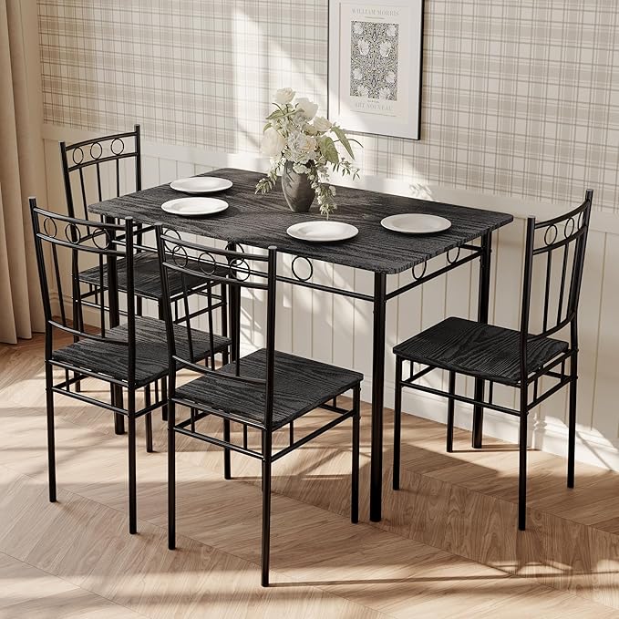 5 Piece Dining Table Set, Wood Kitchen Table and Chairs for Small Space,Breakfast Nook,Easy Assembly,Black