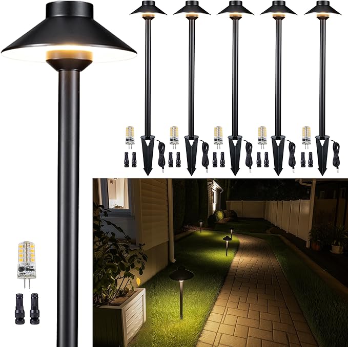 Brass Hardwired Landscape Path Light, 12V Low Voltage Pathway Lights IP65 Waterproof, Outdoor Walkway Lighting Wired, Hat-top Black for Patio Lawn with 4000K Neutral White G4 Bulb (6 Pack)