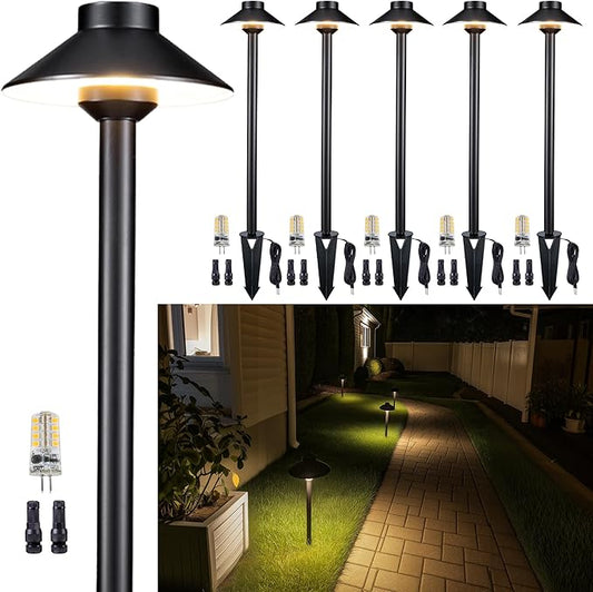 Brass Hardwired Landscape Path Light, 12V Low Voltage Pathway Lights IP65 Waterproof, Outdoor Walkway Lighting Wired, Hat-top Black for Patio Lawn with 4000K Neutral White G4 Bulb (6 Pack)