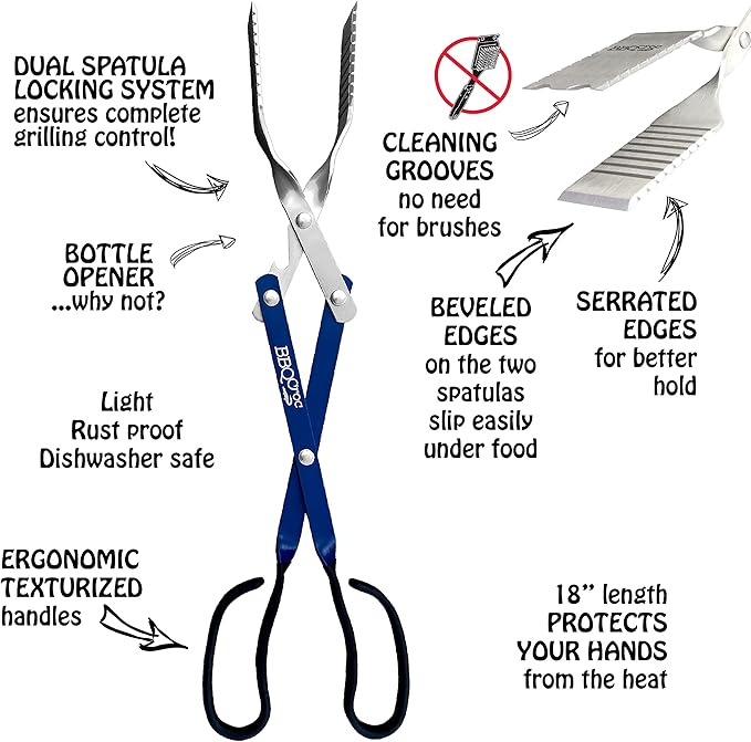 BBQ Croc 3-in-1 Barbecue Tool 18-inch + 15-inch 2-Pack - Extra Light and Long Tongs, Spatula and Grill Scraper (Blue) (18 inch + 15 inch)