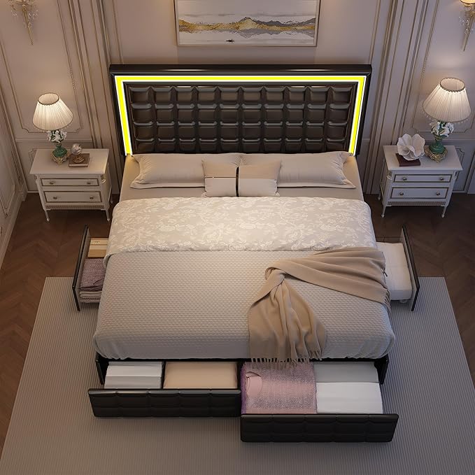 King LED Bed Frame with 4 Drawers, Bed Frame with Led Lights Adjustable Upholstered Headboard Platform Bed with Wooden Slats Support, No Box Spring Needed, PU Black