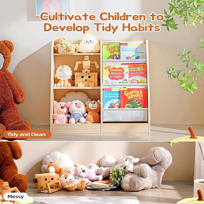 3 Tier Kids Wooden Bookshelf Baby Toddler Bookshelf and Toy Storage Organizer with Three Layer Sling Bookcase for Kids Room Playroom Nursery Classroom