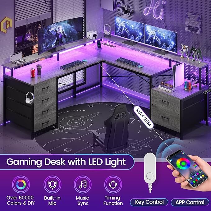 SEDETA L Shaped Desk with 6 Drawer, 108" Home Office Desk with File Drawer & Power Outlet, Corner Computer Desk with Monitor Shelf, Two Person Desk, Gaming Desk with Led Lights, Grey