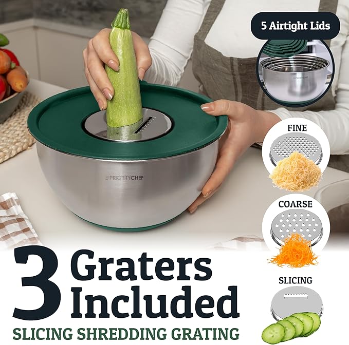 Priority Chef Stainless Steel Mixing Bowls with Lids Set, 3 Grater Attachments, Airtight Lids, Non-Slip Silicone Base Mixing Bowl Set, Large Prep Metal Mixing Bowls for Kitchen, Green