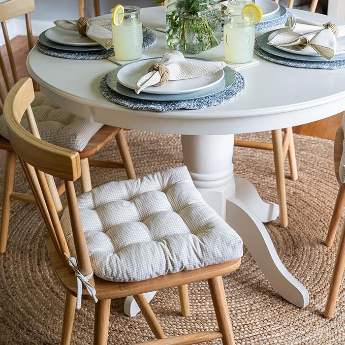 Barnett Home Decor Madrid Natural Dining Chair Pad with Ties - 15 x 17 Size Small Chair Cushion - Latex Foam Fill - Machine Washable, Reversible, 100% Cotton, Made in USA (Neutral Gingham Check)