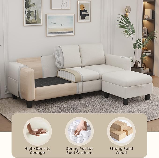 Sectional Sofa Couches for Living Room - 78'' Beige 3 Seat L-Shaped Couch with USB+Type C Port and 2 Cup Holder, Modern Linen Convertible Sectionals Sofas with Storage Ottoman for Apartment