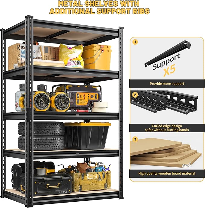 REIBII 2000LBS Storage Shelves 5 Tier Garage Shelving Heavy Duty Metal Shelving Adjustable Metal Shelf for Kitchen Pantry Basement 28" W x 13.8" D x 59.8" H