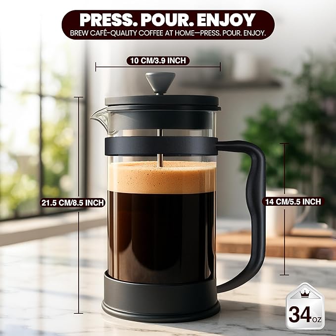 Utopia Kitchen 34 Ounce 1 Liter French Press Coffee Maker, Tea Maker, Travel Coffee Presses, Heat Resistant Thickened Borosilicate Coffee Pot for Camping Travel Gifts, Black Pack of 1