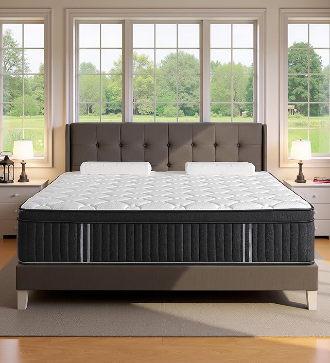Queen Mattresses,14 Inch Queen Size Mattresses in a Box,Memory Foam Hybrid White & Black Mattress with Provide Support and Improve Sleep,Pressure Relief,Medium Firm