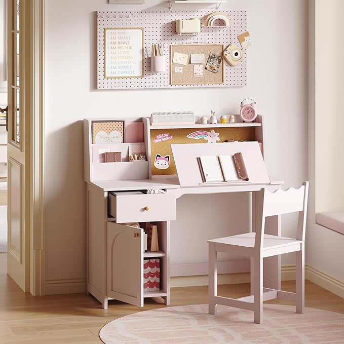 Treocho Kids Study Desk and Chair Set, Kids Desks with Hutch and Tiltable Desktop for 5-12 Years Old, Wooden Children Study Table with Fabric Drawer, Student Writing Desk Bedroom, Home School, Pink
