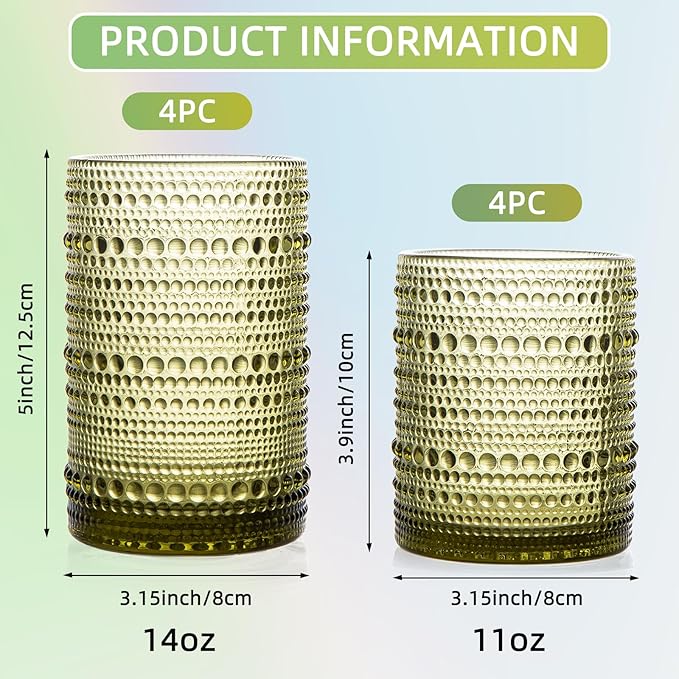 Set of 8 Hobnail Drinking Glasses Vintage Green Glassware - 4 Highball Glasses 14 oz, 4 Rocks Glass Cup 11 oz, Embossed Old Fashioned Glassware for Water, Wine, Beer, Juice, Mixed Drinkware