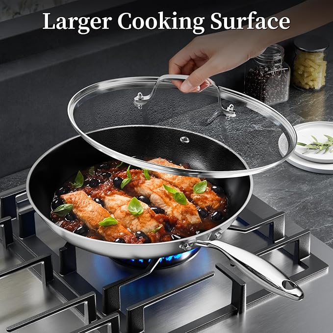 Stainless Steel Frying Pan Set with Lid 8.6inch and 12inch Titanium Ceramic Nonstick Frying Pan Kitchen Cookware Set Skillet with Stay-Cool Handle Non Toxic PFOA Free Suitable for All Stove