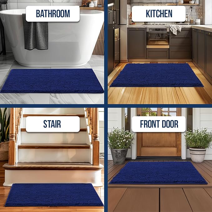 Muddy Mat Chenille Bathroom Rugs Quick Dry Microfiber Mats Non Slip Washable, Extra Thick, Soft and Highly Absorbent Bath Mats for Bathroom, Kitchen, and Shower Floor - Navy Blue Medium 30"X19"
