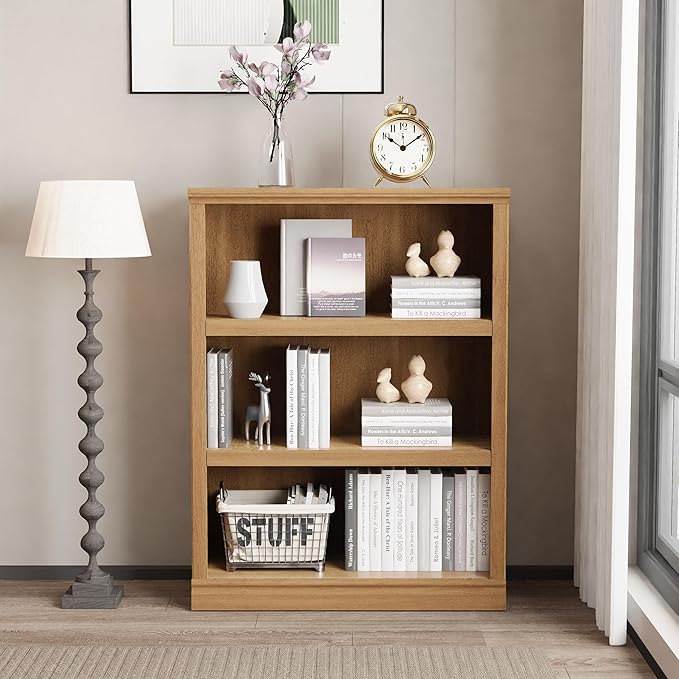 blini 3-Shelf Bookcase Wooden Bookshelves 33in Wide Floor Standing Display Storage Shelves Oak Bookcase for Home Office, Living Room, Bed Room