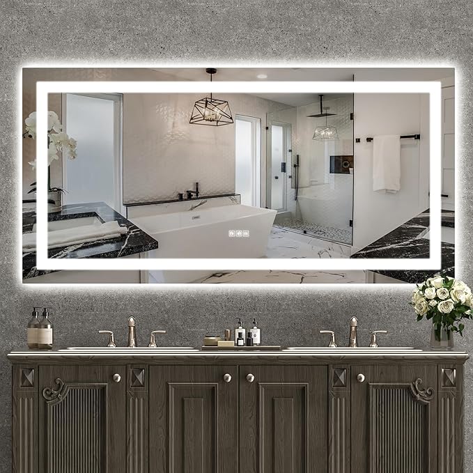 LED Mirror for Bathroom, 60x30 Inch Backlit + Front Lighted Bathroom Vanity Mirror with Lights for Wall, Double Light Strips, 3 Colors, Shatter-Proof, Anti-Fog and Brightness Memory