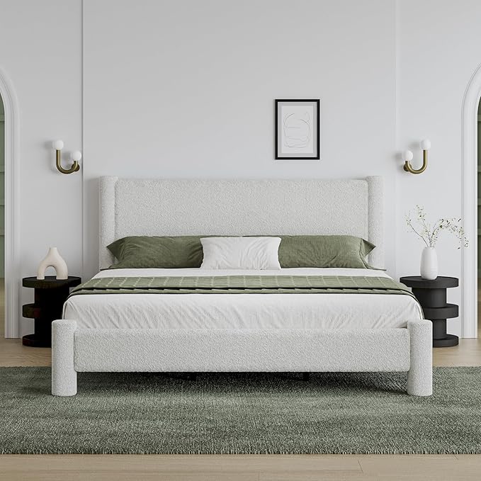King Size Bed Frame, Boucle Upholstered Platform Bed with Headboard and Footboard, Soft Rounded Corners, No Box Spring Required, Easy Assembly, White