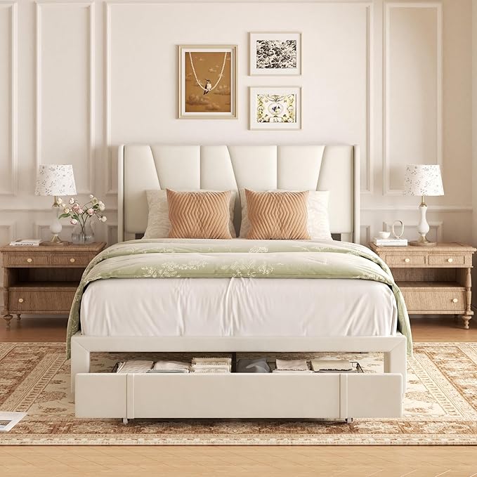 Full Bed Frame with Storage Drawers, Upholstered Full Size Platform Bed with 47" Tall Headboard and Wingboard, No Box Spring Needed, Noise Free, Easy Assembly, Wooden Support Slats, Beige
