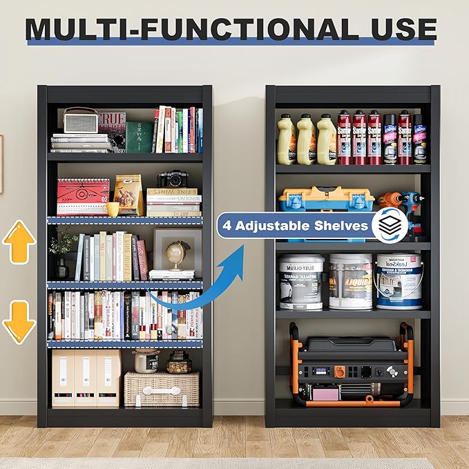 61" Metal Bookshelf and Bookcase | 5-Tier Adjustable Shelves, Deep Modern Storage Shelf for Living Room, Office, Bedroom (Black)