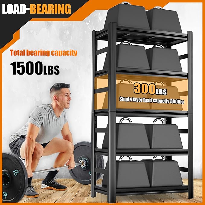 5-Tier Storage Shelving 32" W Steel Heavy Duty Shelving Unit with Shelves for Heavy Duty Metal Shelving Adjustable Garage Shelving Rack Storage Kitchen, 63" H X 32" W X 16" D, Black