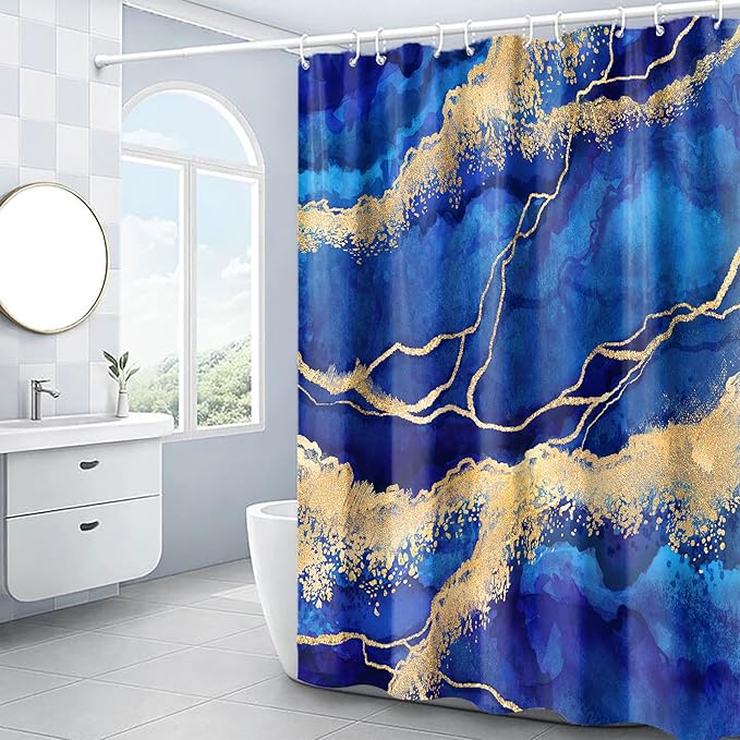 Marble Shower Curtain, Blue Marble Shower Curtain Set, Abstract Luxury Navy Blue Gold Glitter Veins Texture Marble Shower stall Curtain for Bathroom, Waterproof Fabric with 12 Hooks, 72 x 72 inches