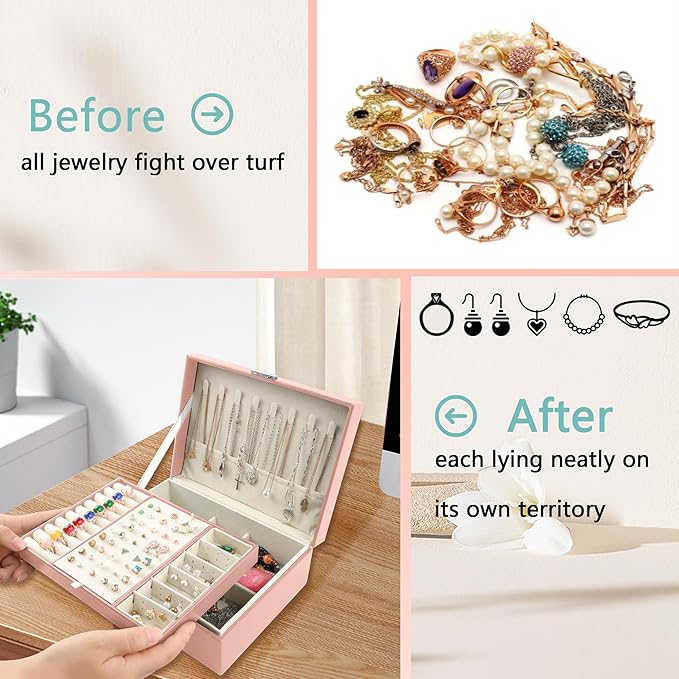 Homeanda Jewelry box 2 layer Jewelry box Leather Jewelry boxes for Women Girls Teens Jewelry organizer box Jewelry Storage box with lock(Pink)