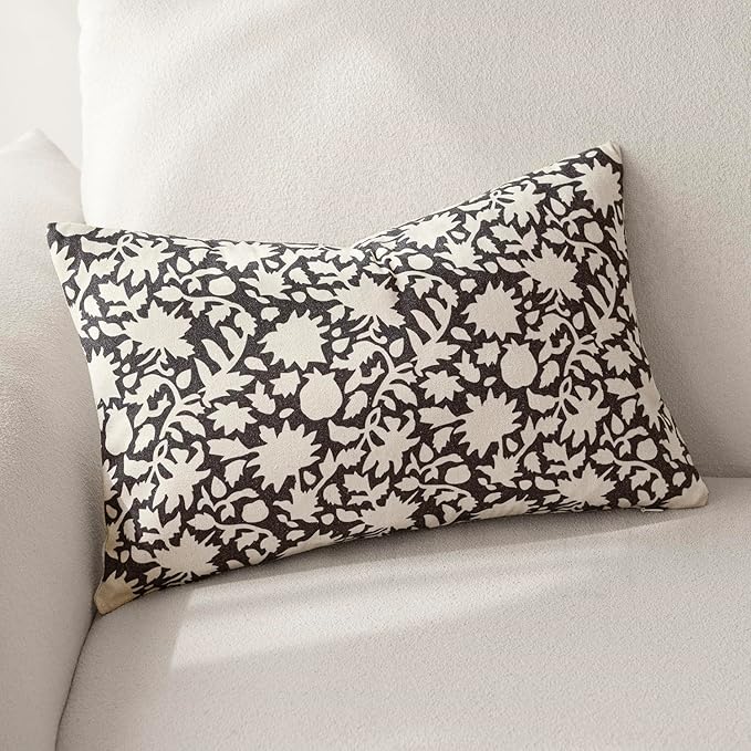 Foindtower Set of 2 Decorative Neutral Floral Lumbar Throw Pillow Covers Accent Farmhouse Cushion Covers Boho Vintage Pillowcase for Couch Sofa Bedroom Living Room Home Decor Outdoor12×20 Inch,Black
