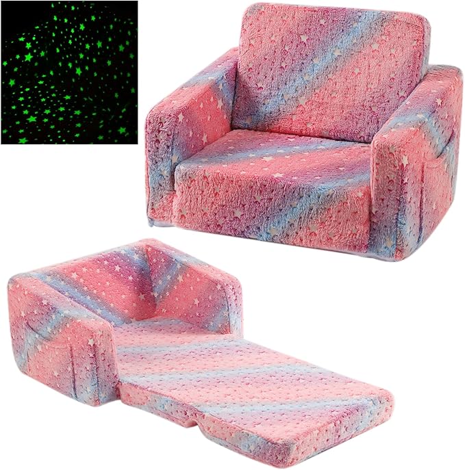 Furnishh Kids Sofa Couch Fold Out, Baby Toddler Comfy Soft Chair for Boys Girls, Flip Out Foldable Children 2 in 1 Convertible Sofa to Lounger, Folding Child Sleeper for Playroom, Pink Star