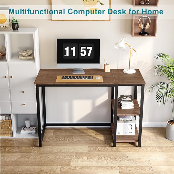 SINPAID Computer Desk 47 inches with 2-Tier Shelves Sturdy Home Office Desks with Large Storage Space Modern Gaming Desk Study Writing Laptop Table, Brown