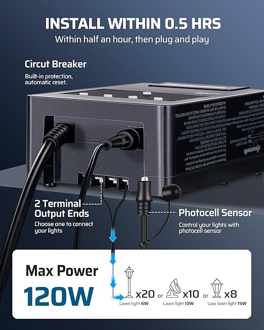 DEWENWILS 120W Low Voltage Landscape Transformer with Timer & Photocell Sensor, 120V AC to 24V DC Low Voltage Transformer, Weatherproof Landscape Lighting Transformer for Garden Lights Pathway Lights