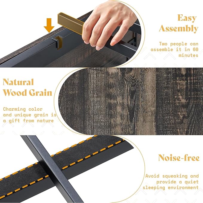 AMERLIFE Queen Size Farmhouse Bed Frame with 4 Drawers, Wooden Storage Bed Frame with Headboard and Heavy Duty Metal Slats, Noisy Free, Easy Assemble, Rustic Black