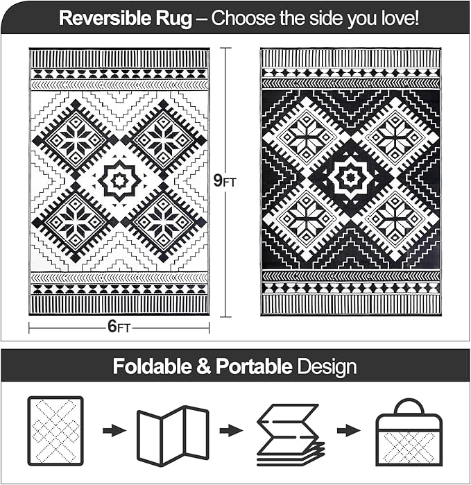 Waterproof Outdoor Rug 6x9ft, Boho Reversible Plastic Straw Mat for Patio RV Deck Porch Backyard Balcony Camping Picnic Beach Indoor Outdoor Carpet, Black&White